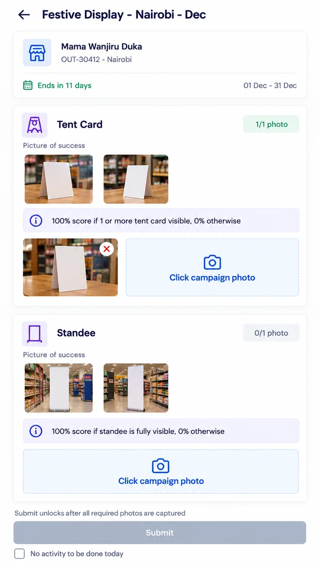 Mobile app campaign screen for a Nairobi duka showing Tent Card and Standee cards with picture of success thumbnails, scoring rules, capture buttons and a disabled Submit button.