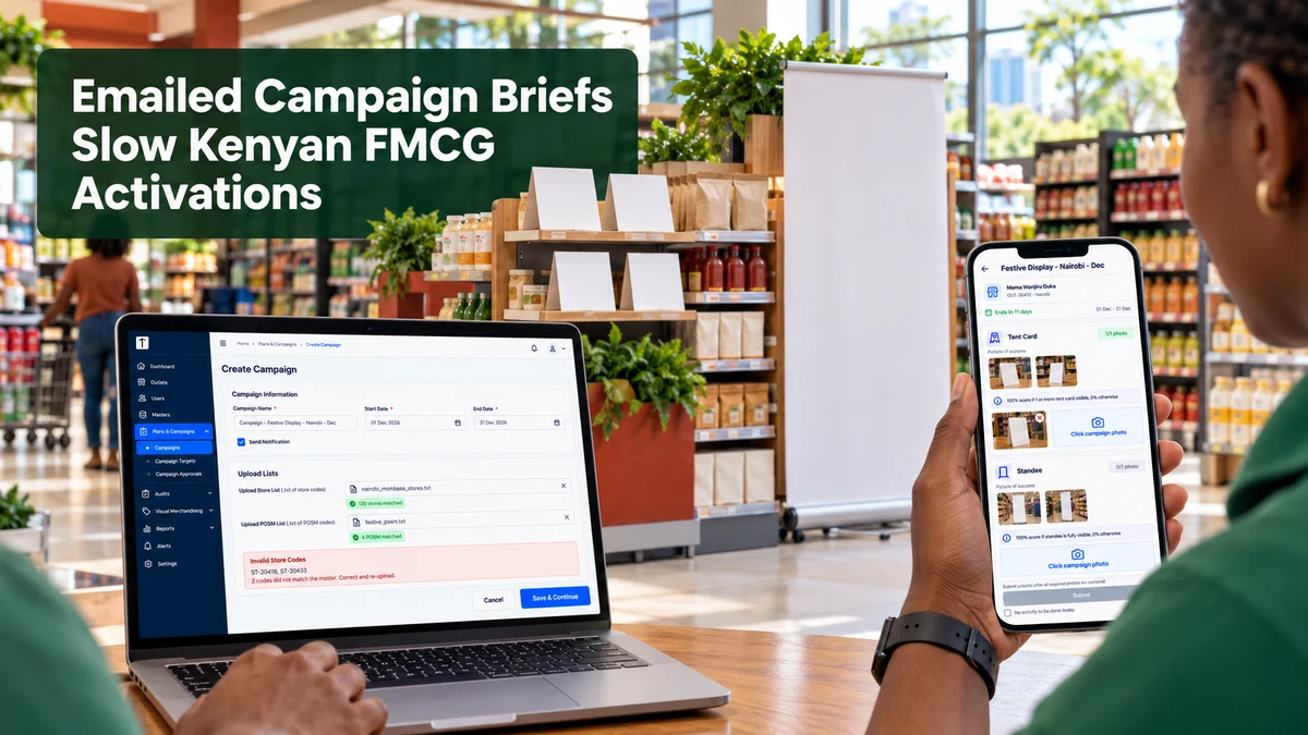 A Kenyan merchandiser holding a phone with a campaign task screen beside a laptop showing the Create Campaign portal, in front of a supermarket promotional end-cap.