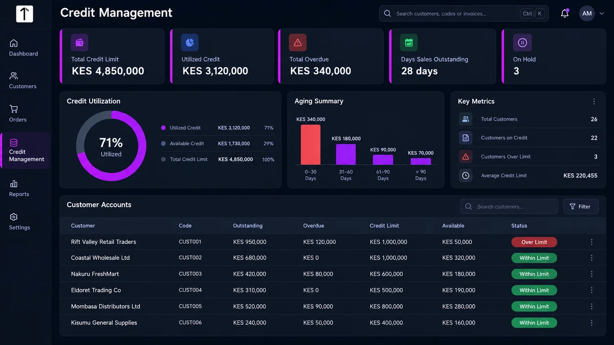Credit Management dashboard showing total credit limit, utilised credit, overdue balances, and a customer accounts table with over-limit and within-limit status badges.