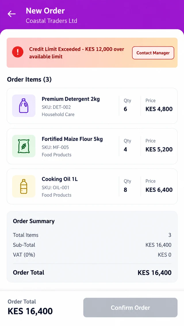 Mobile app order screen showing a customer account flagged as Credit Limit Exceeded before the order can be confirmed.