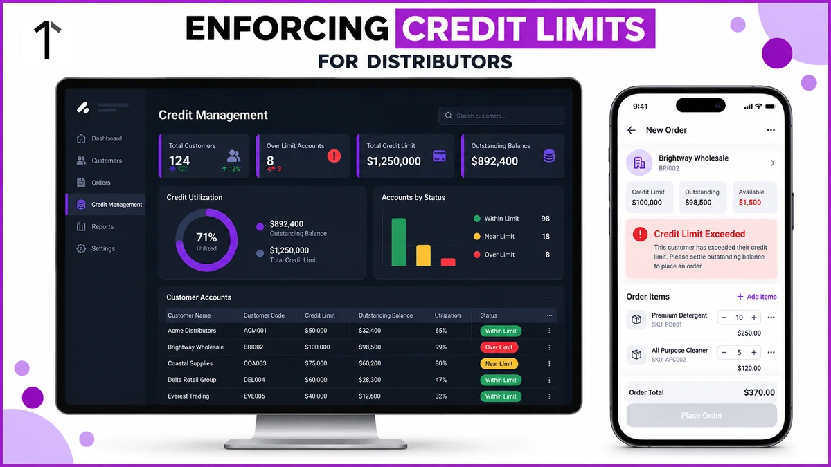 Illustration of a Credit Management dashboard and a mobile order screen flagging a distributor account that has exceeded its credit limit.