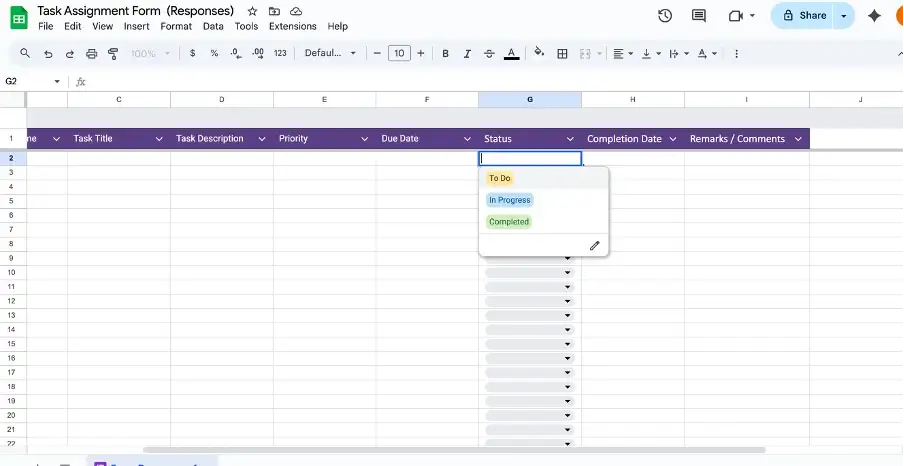 Colour-coded conditional formatting for task status