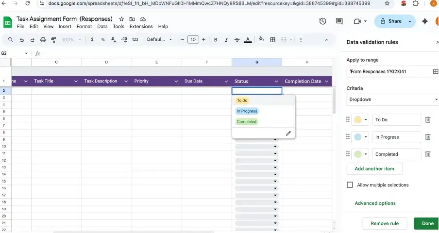 Setting up status dropdown in Google Sheets