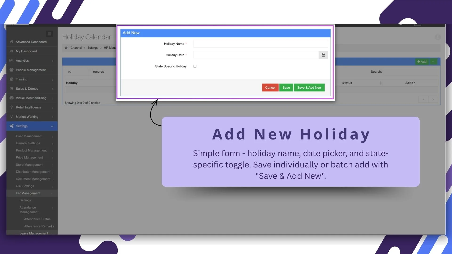 Add new holiday screen