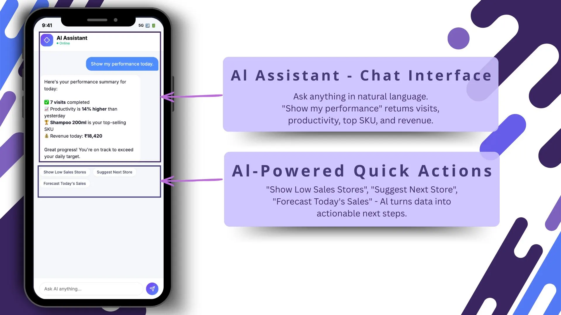 AI assistant chat interface with quick actions
