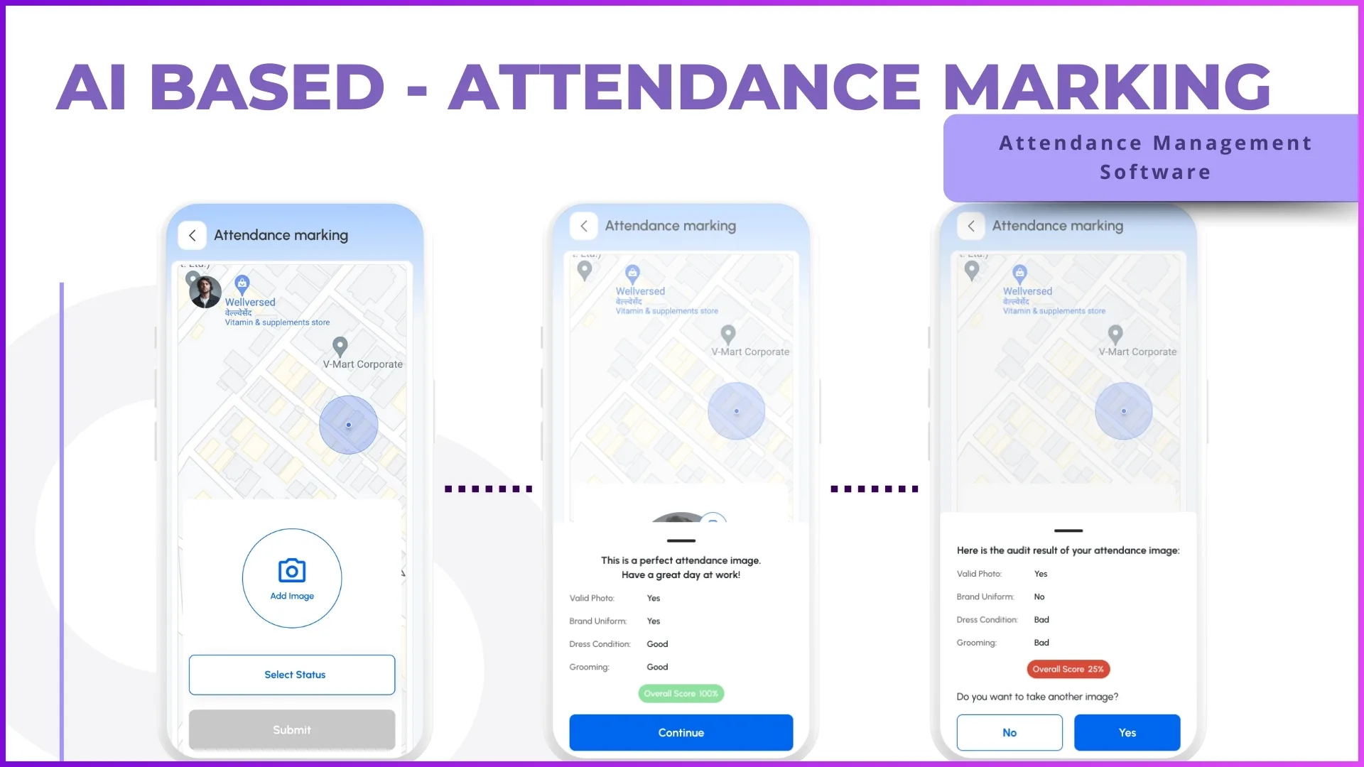 AI-based attendance marking process showing face validation and GPS check