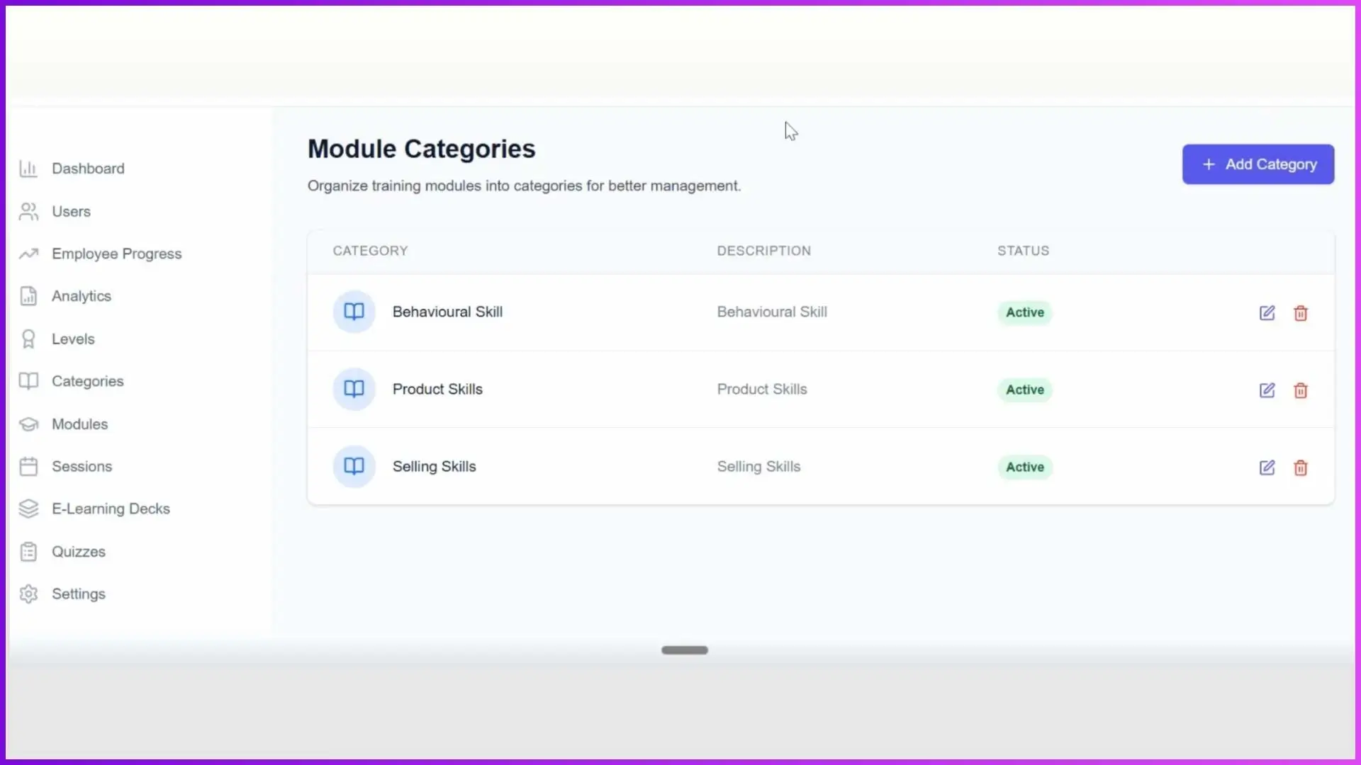 Categories for organising sales training content