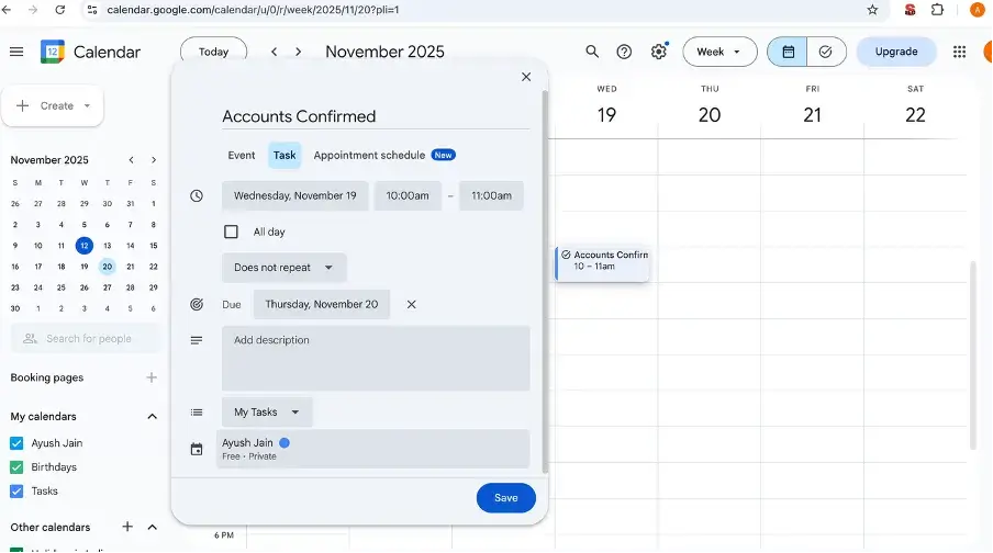 Creating Google Calendar reminders for task due dates