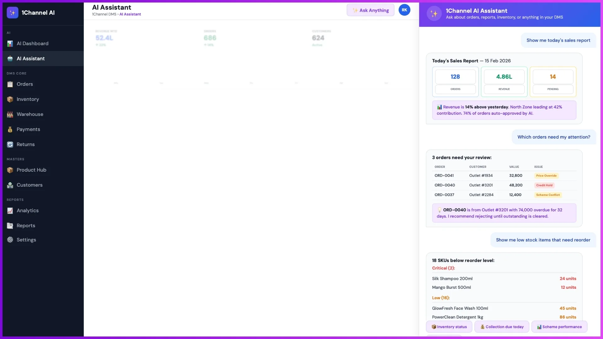 AI assistant inside the distributor management platform answering operational queries through chat