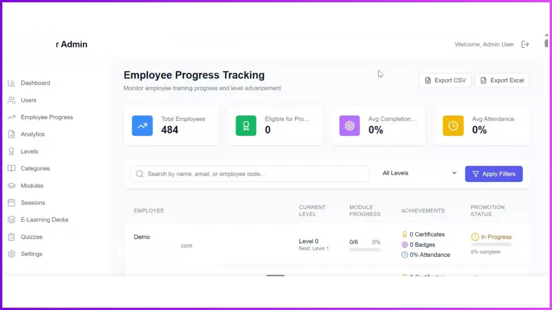 Employee progress section showing individual learning performance