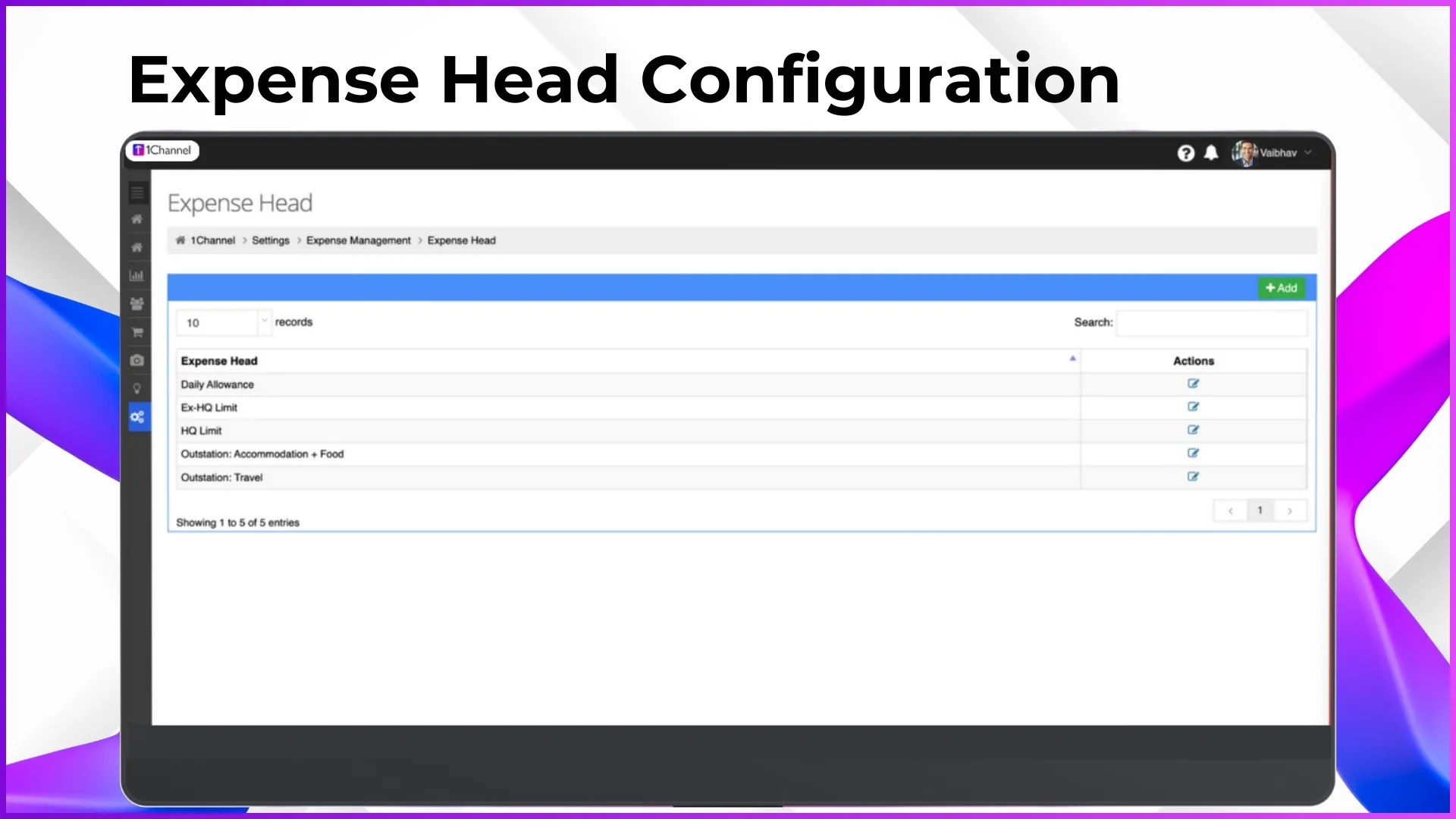 Expense head configuration in the admin portal