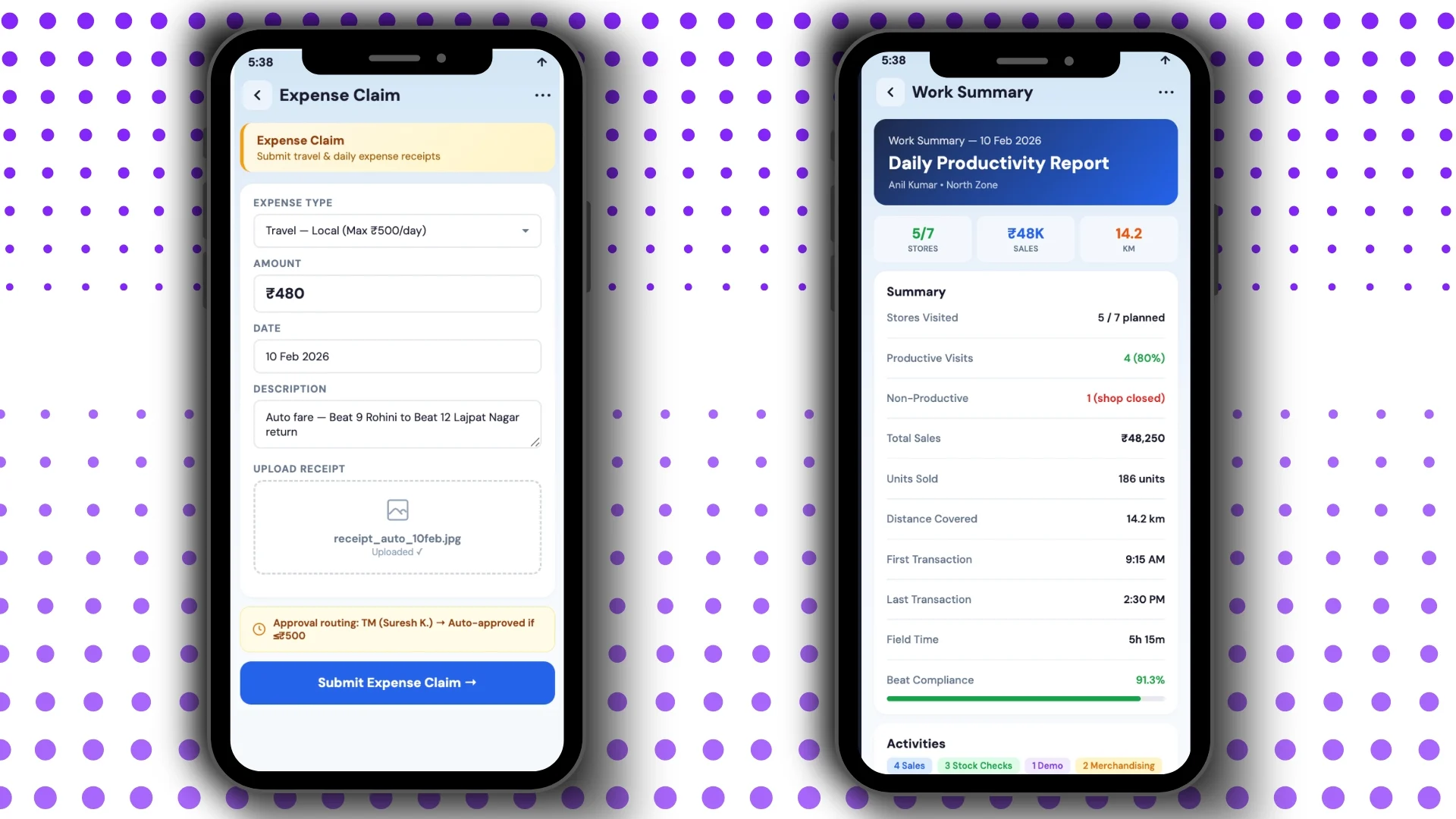 Field sales app daily workflow on a mobile screen
