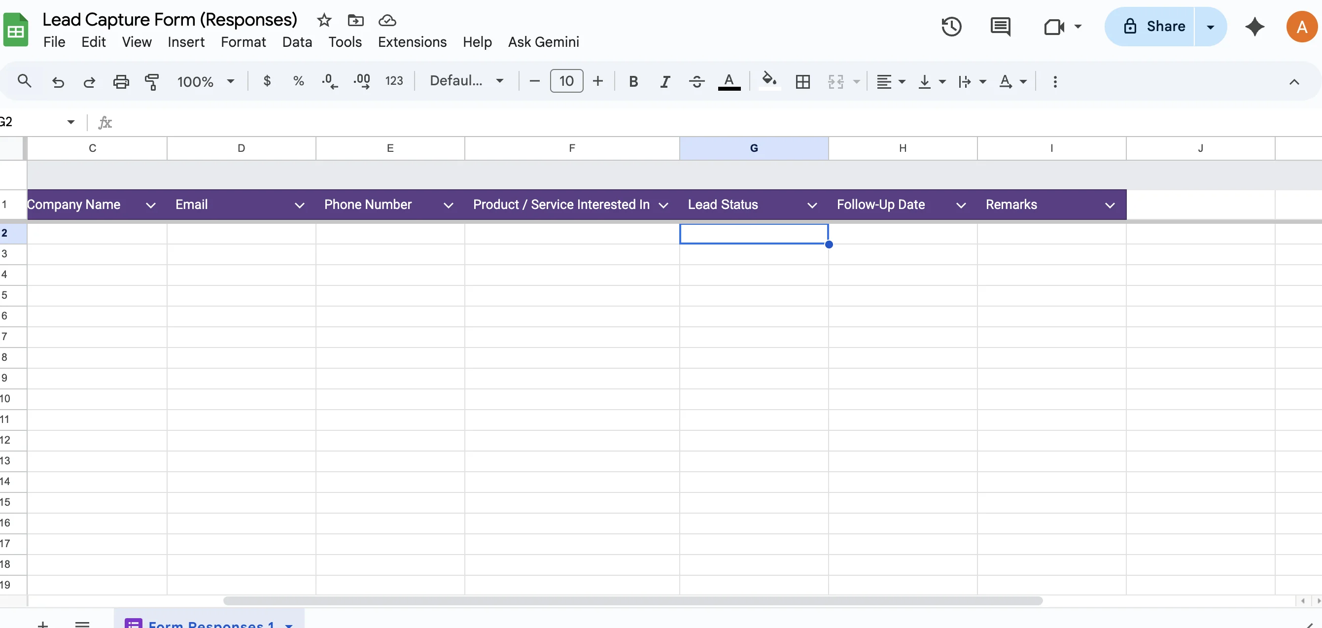 Setting up status dropdown validation in Google Sheets