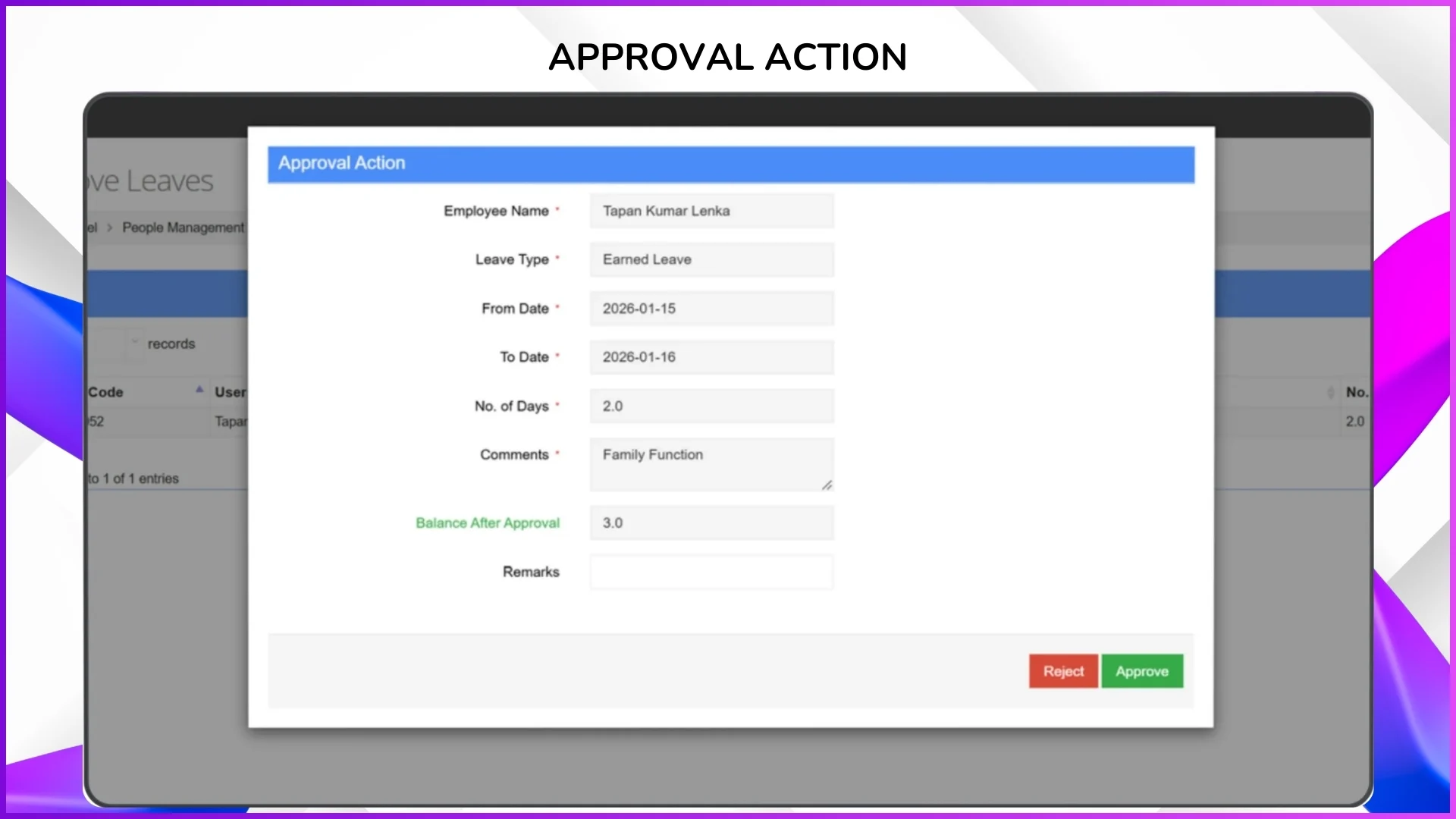 Leave approval dashboard in the SFA admin portal