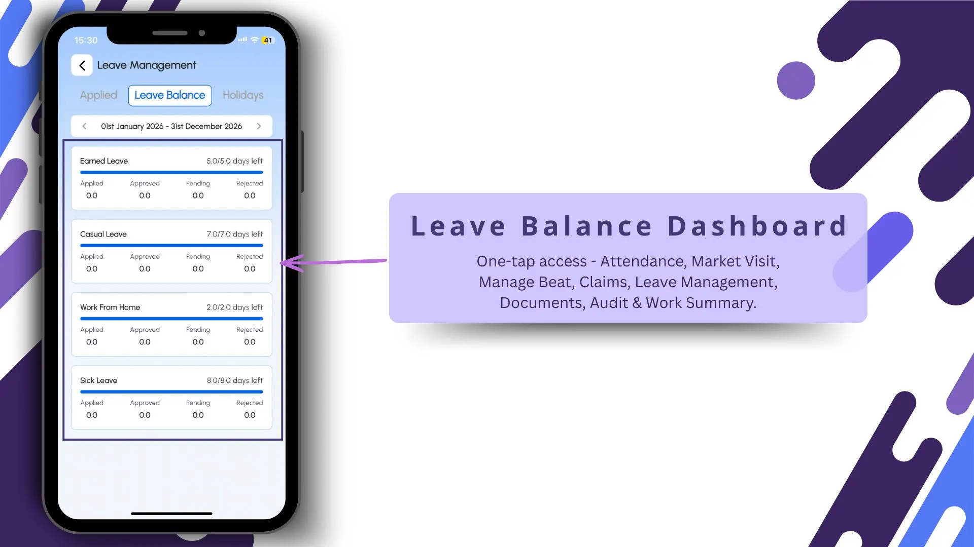 Leave balance and application tracking on the SFA mobile app
