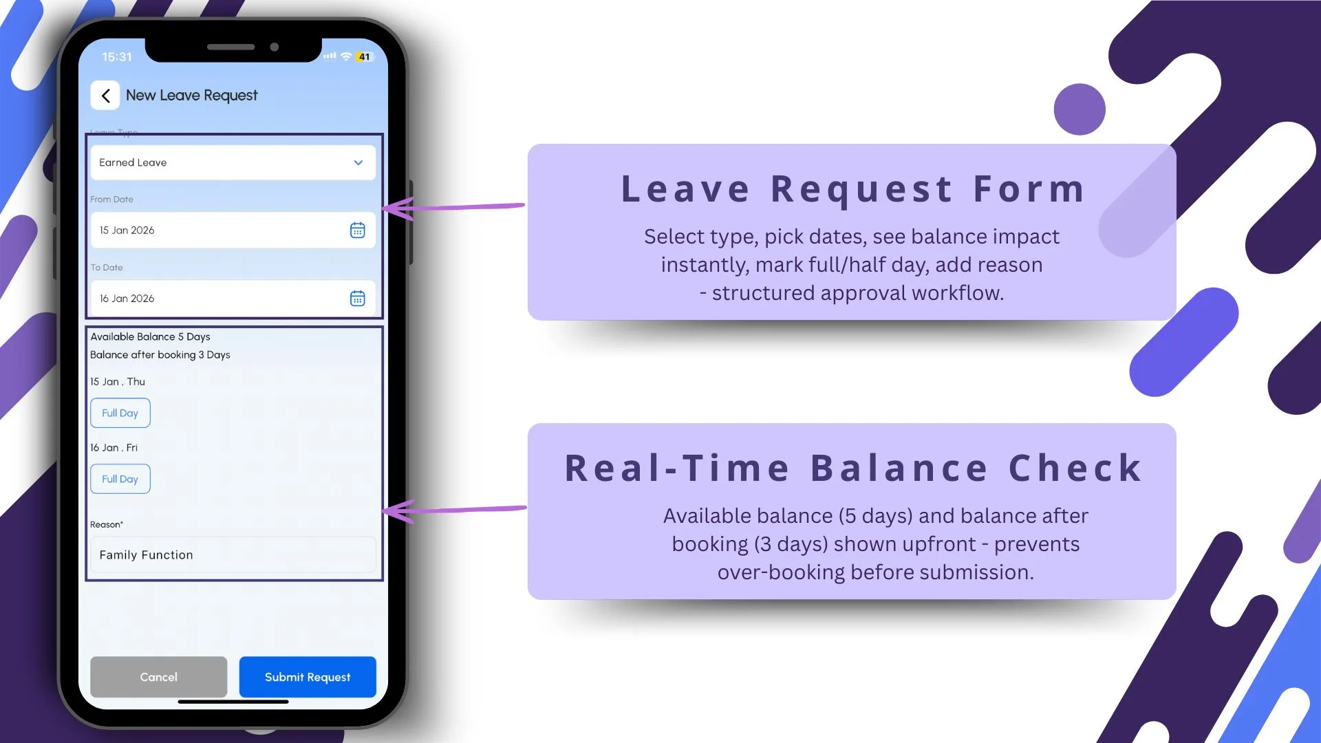 Leave request form and balance check screen