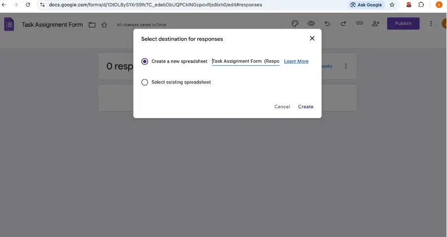 Linked spreadsheet receiving form submissions