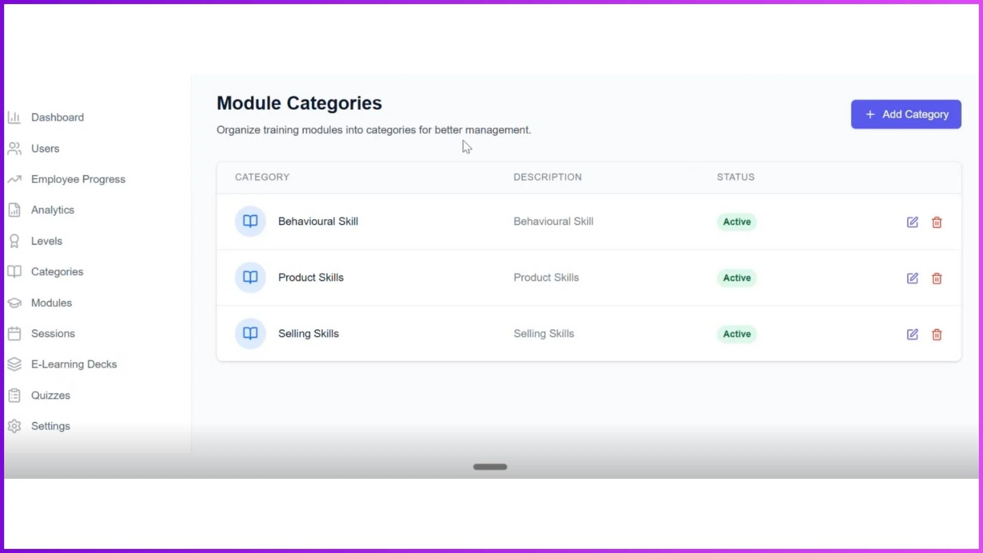 Modules and categories providing structured learning visibility