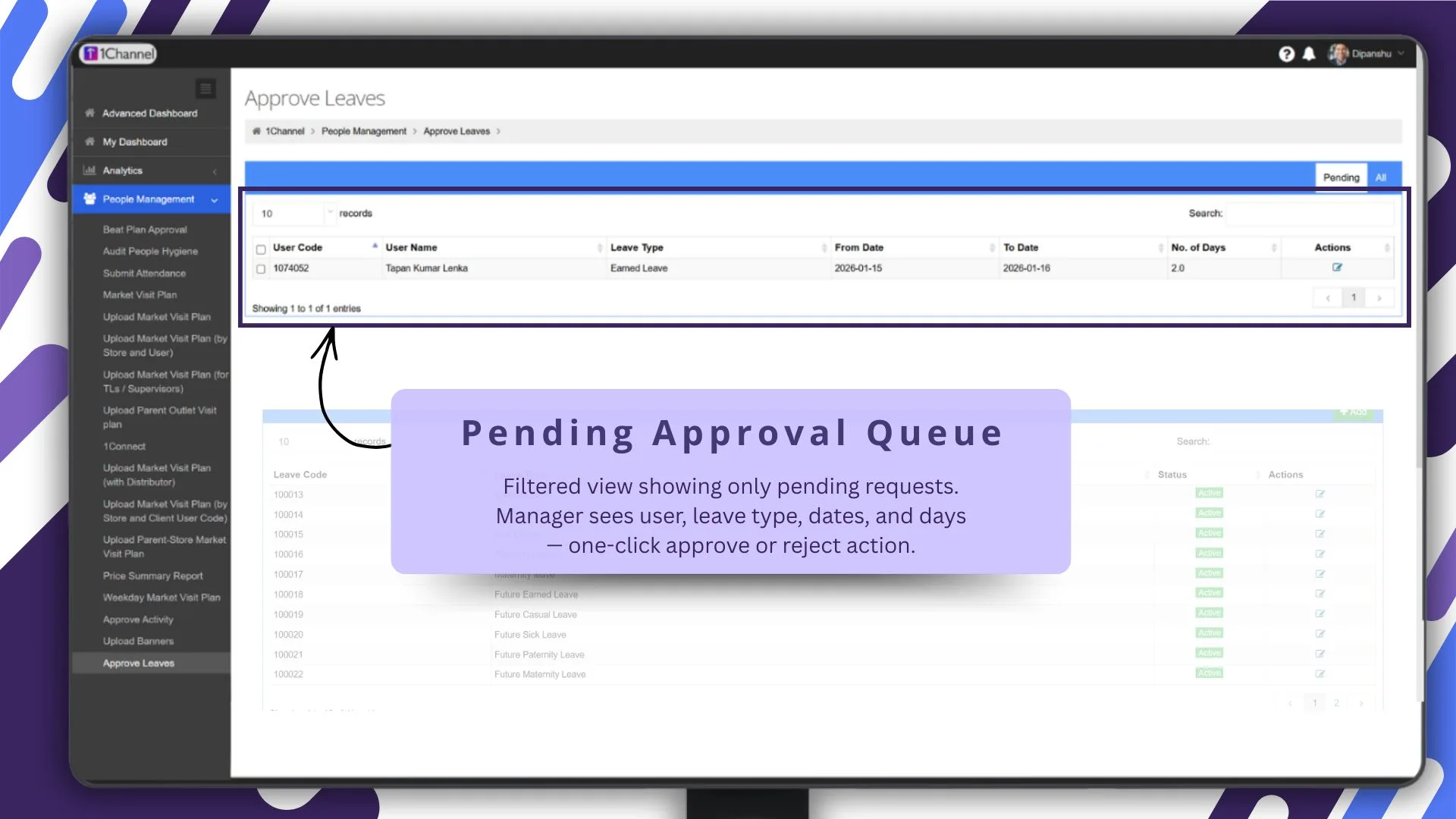 Pending approval queue for managers