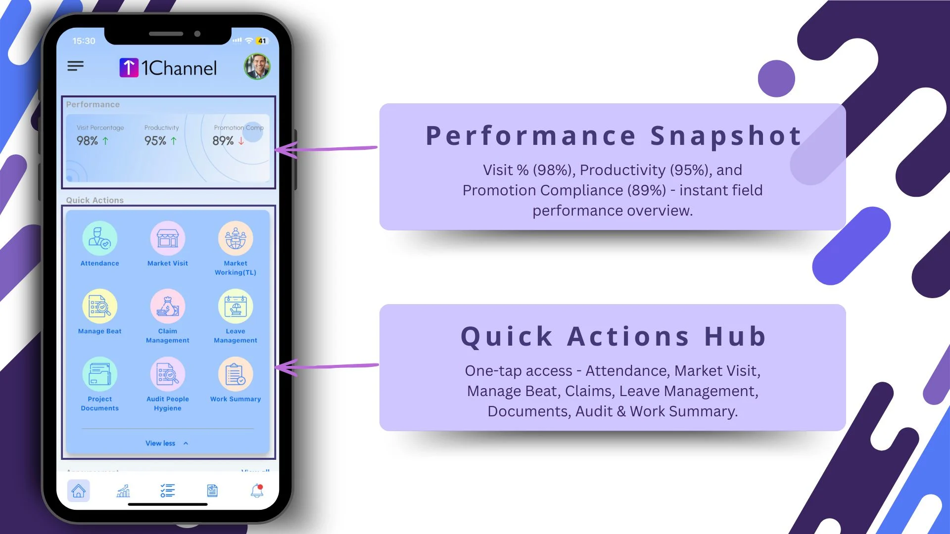 Performance snapshot and quick actions screen