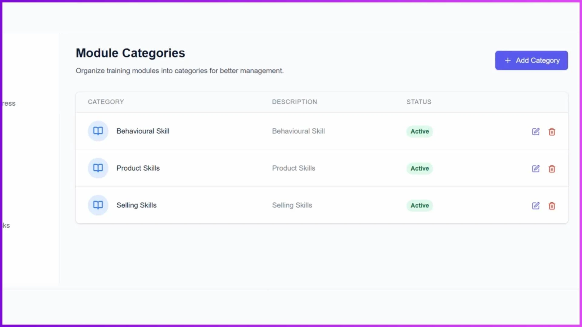 LMS modules dashboard showing learning structure
