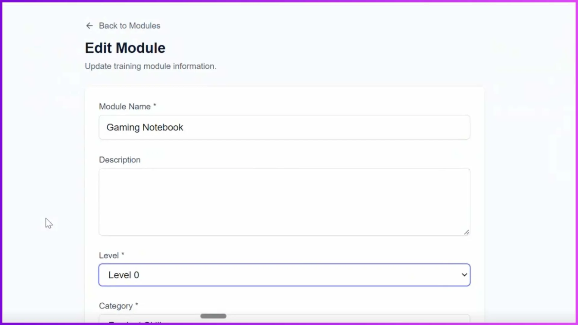 LMS module creation and editing screen