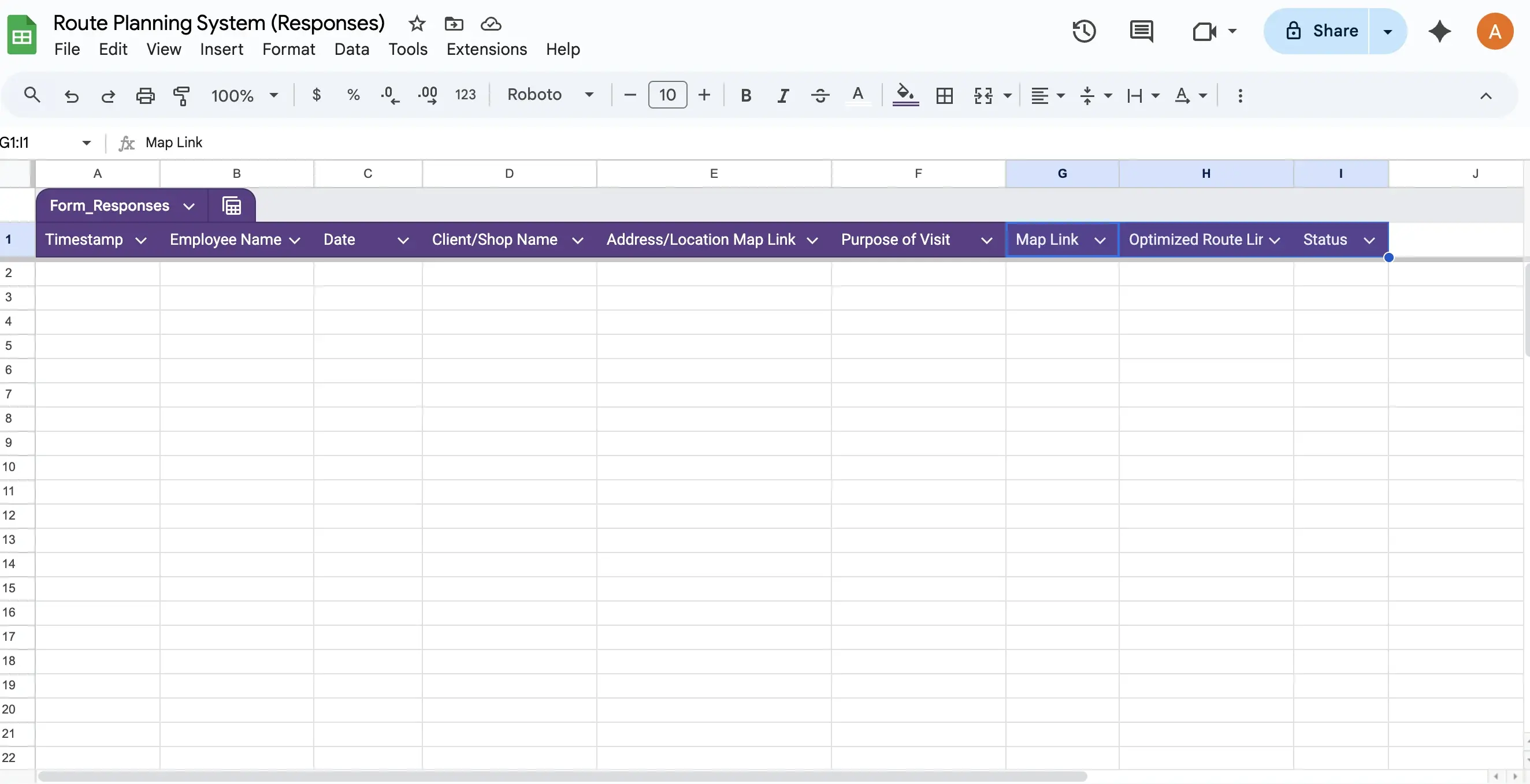 Adding Map Link, Optimised Route Link, and Status columns