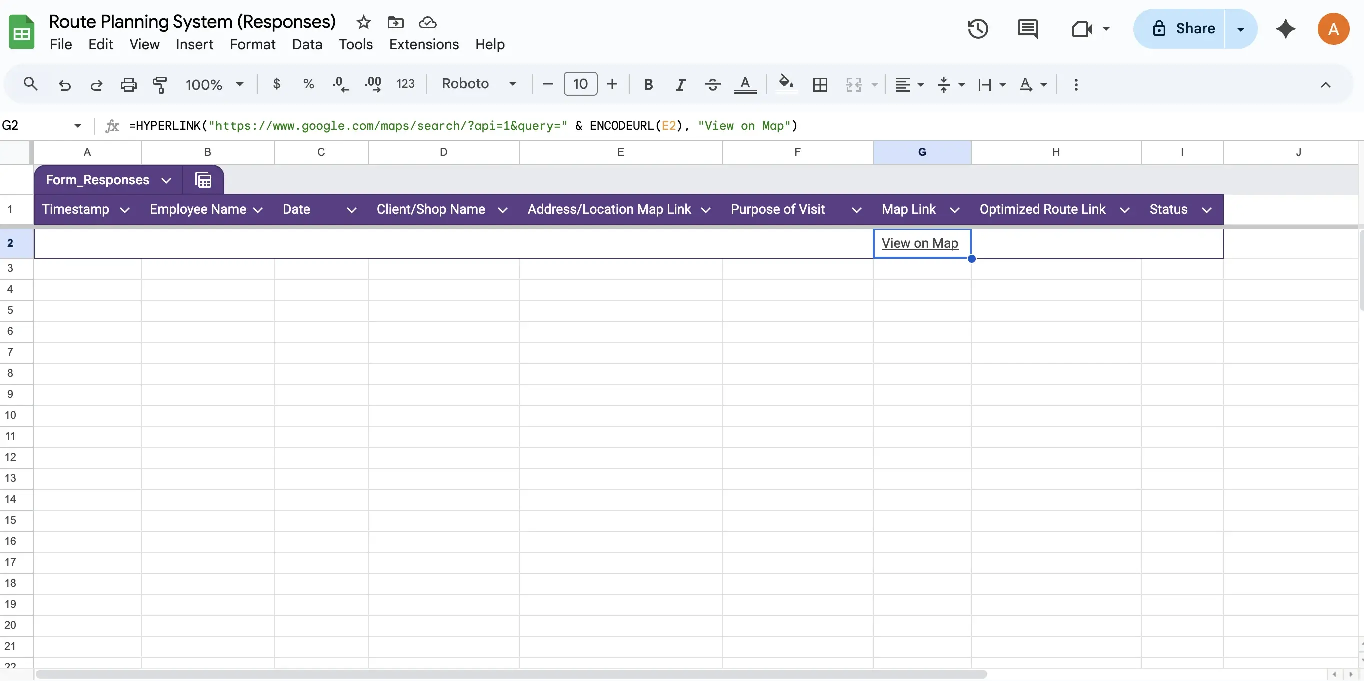 Clickable map links in the spreadsheet