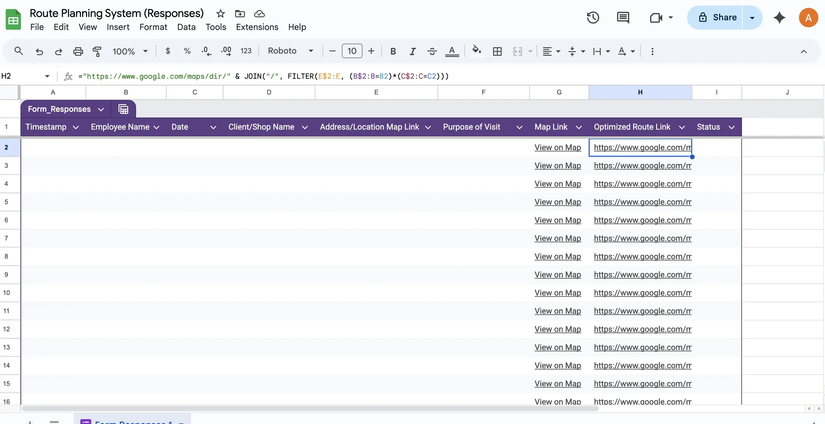 Optimised route link generated in the spreadsheet