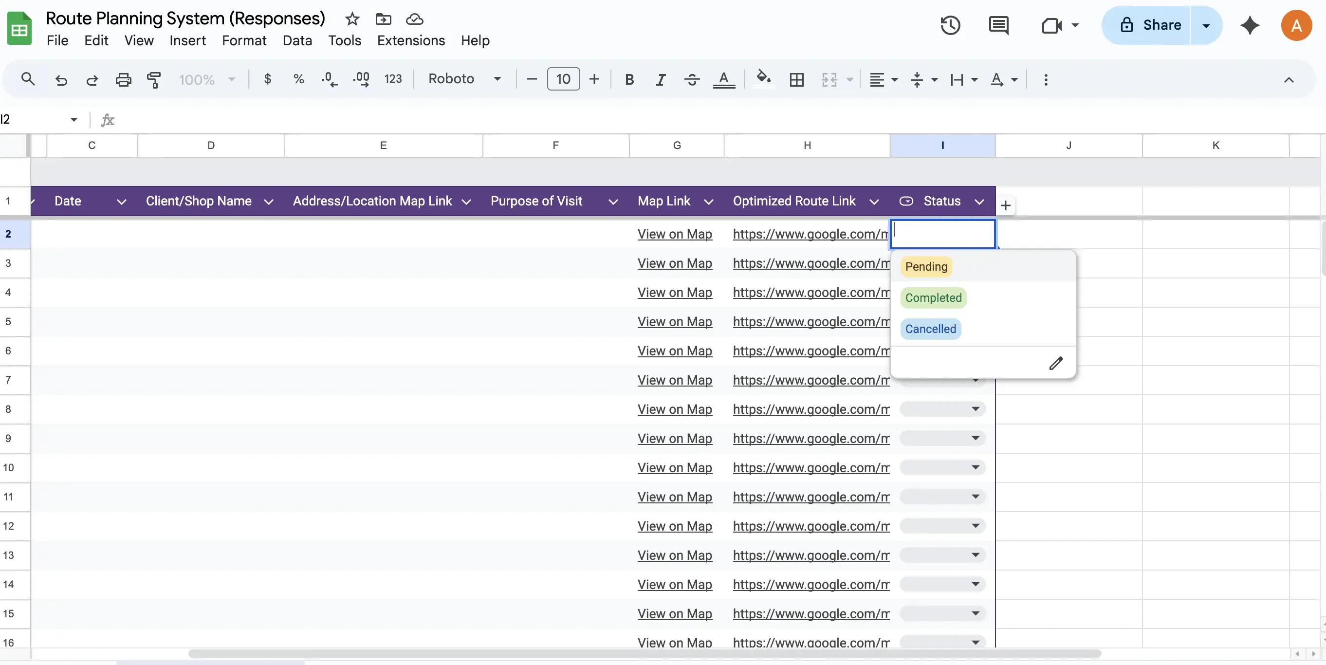 Status dropdown for tracking visit completion