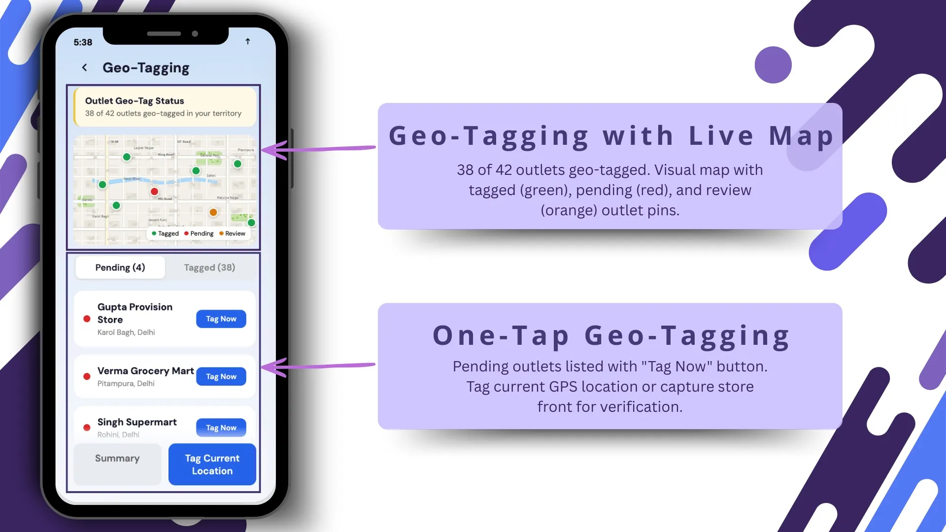 Live map and geo-tagging screen