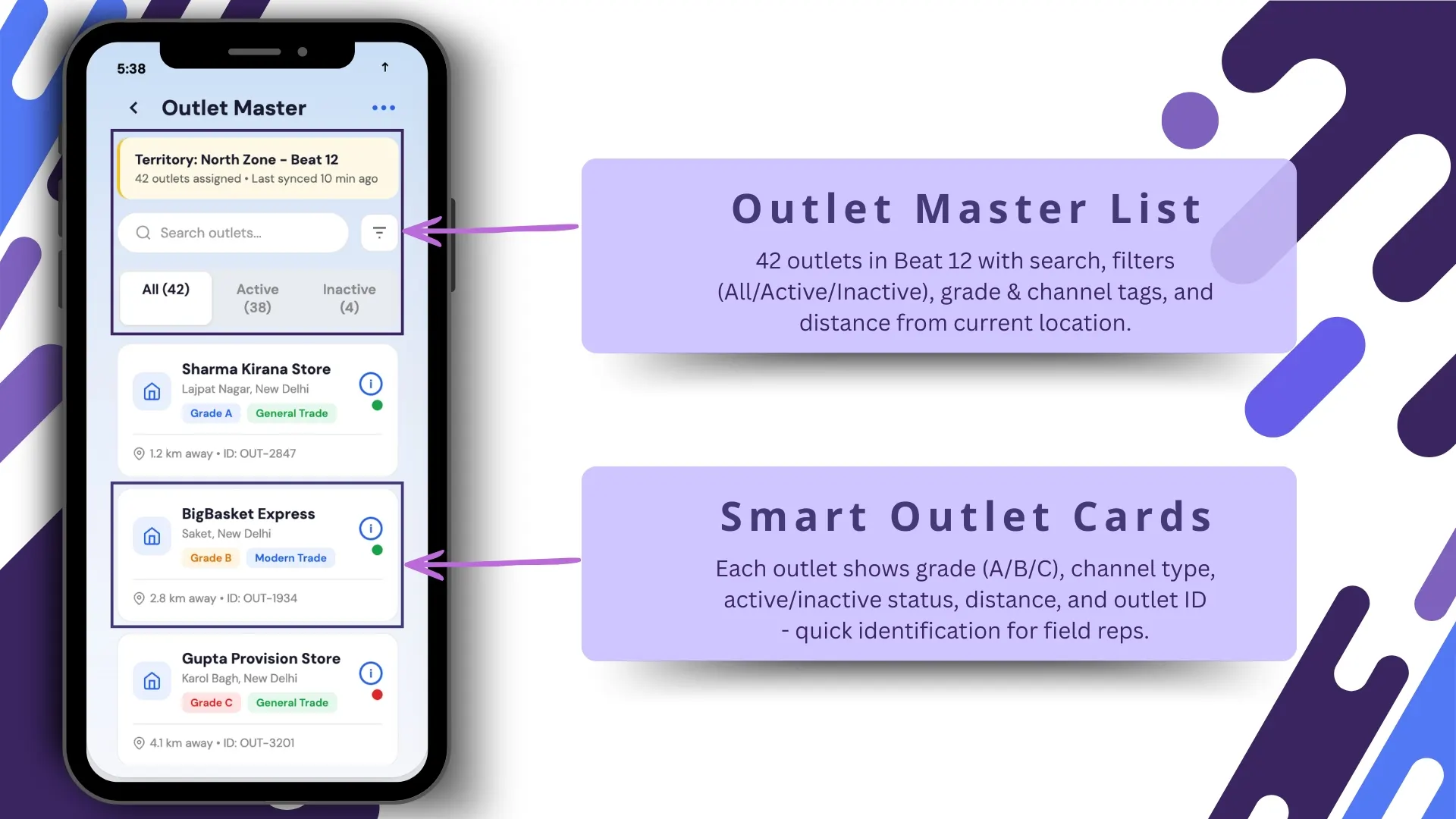 Outlet list and smart cards on the Malaysian store visit tracking app