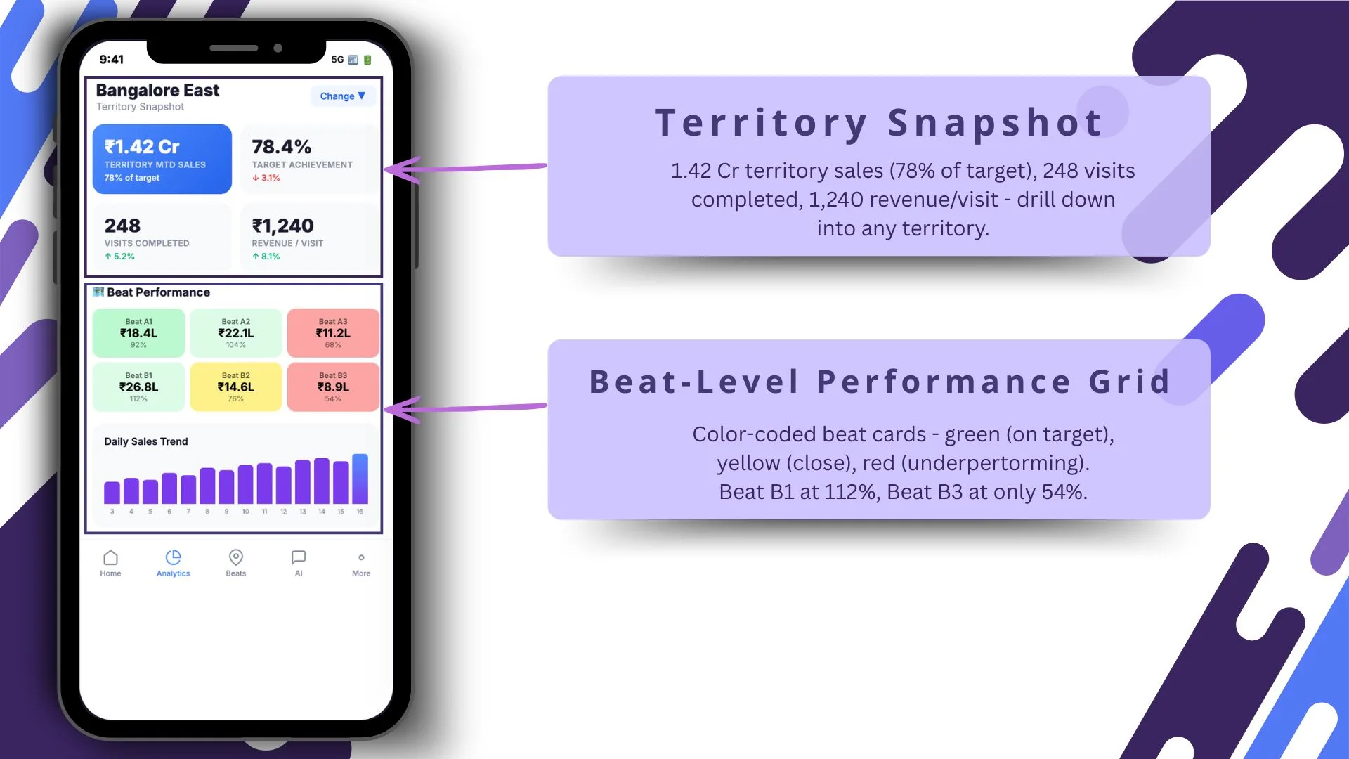 Territory snapshot and beat-level performance grid