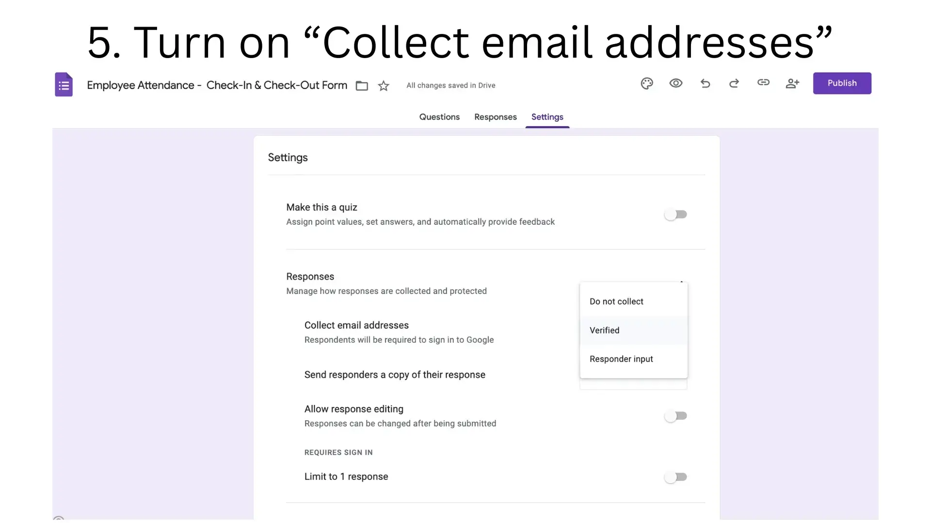 Enabling email collection in form settings