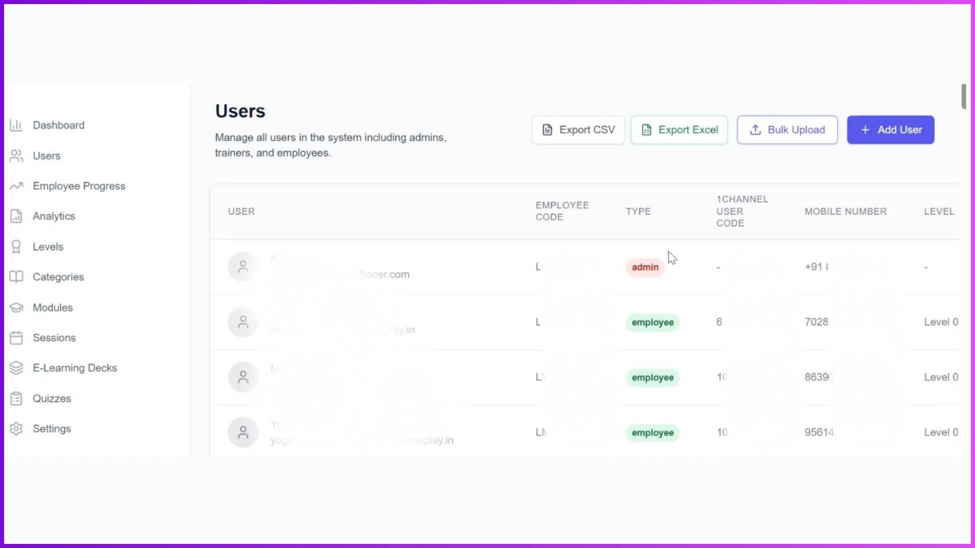 User management dashboard showing all users