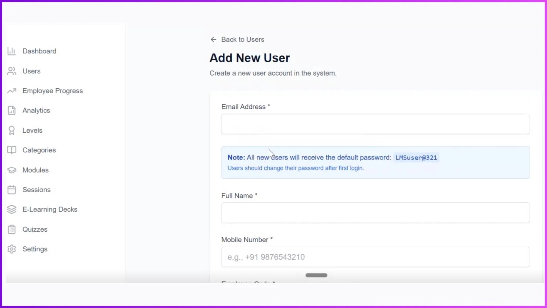 Adding a new user with details and level assignment