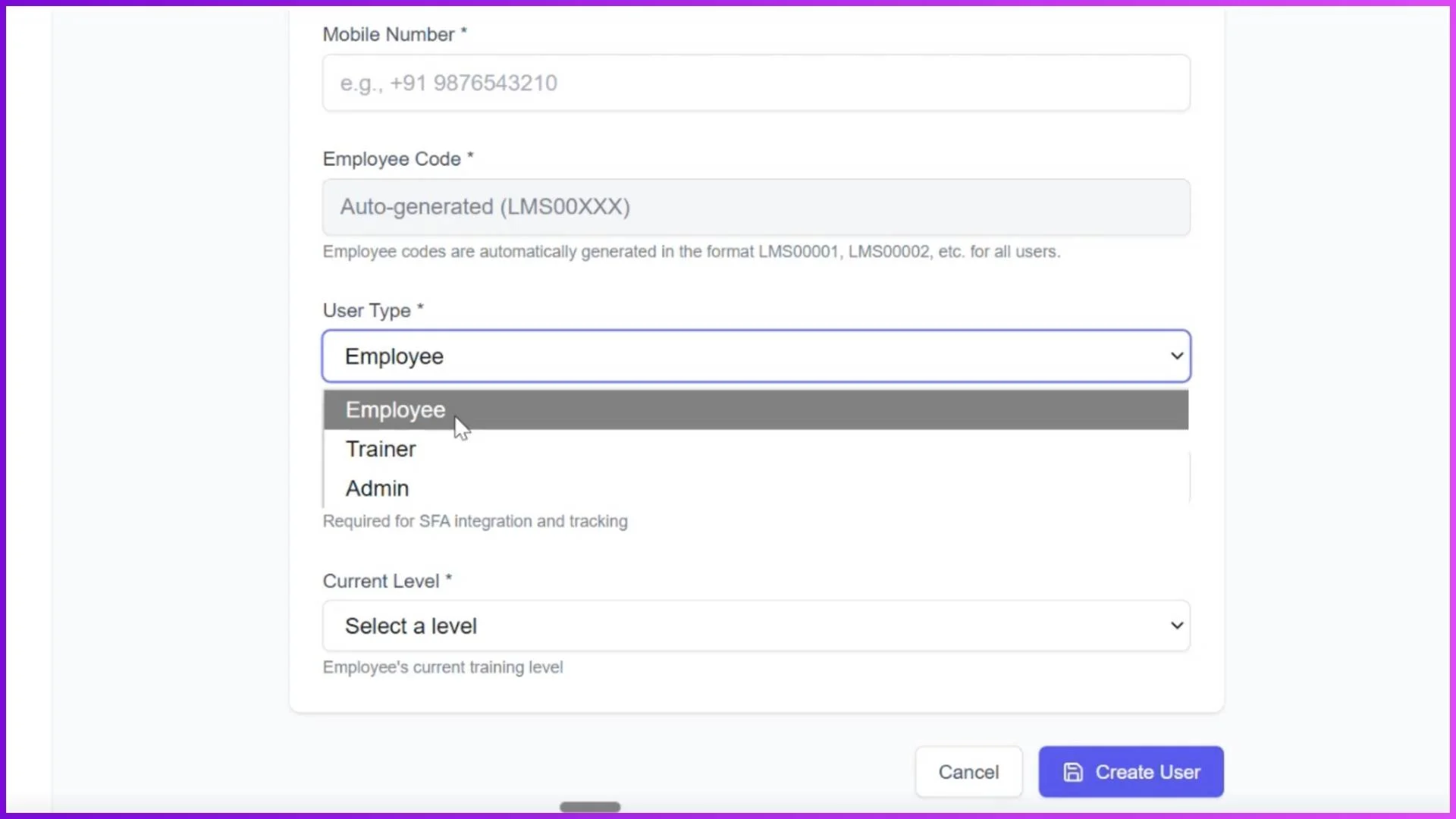 User management interface for creating roles