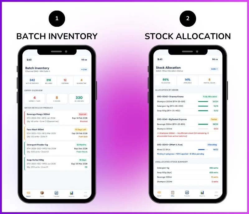 Batch management mobile app showing batch-level inventory, expiry dates, and stock allocation status