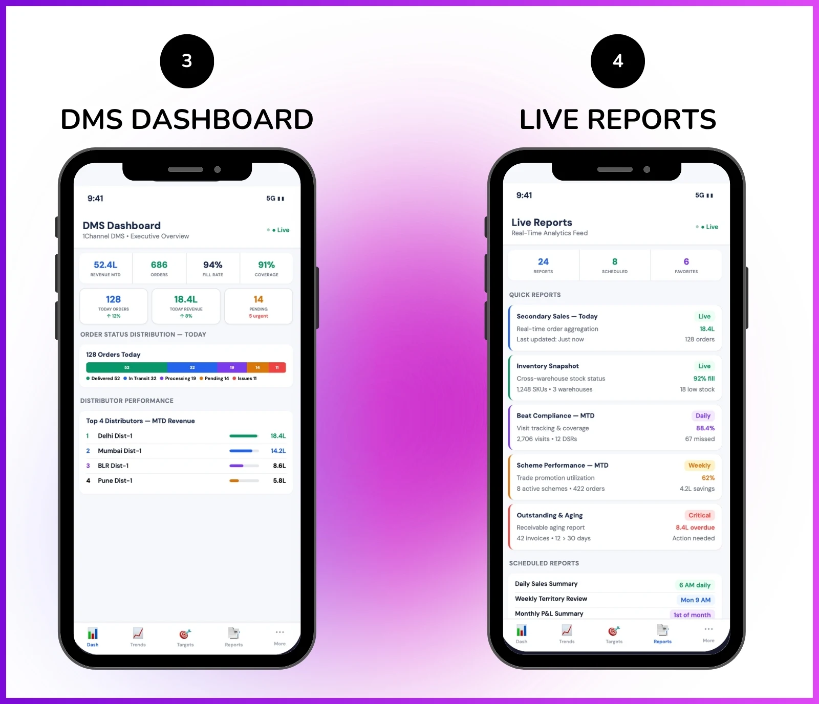 DMS analytics dashboard showing KPIs, order status distribution, and real-time reporting