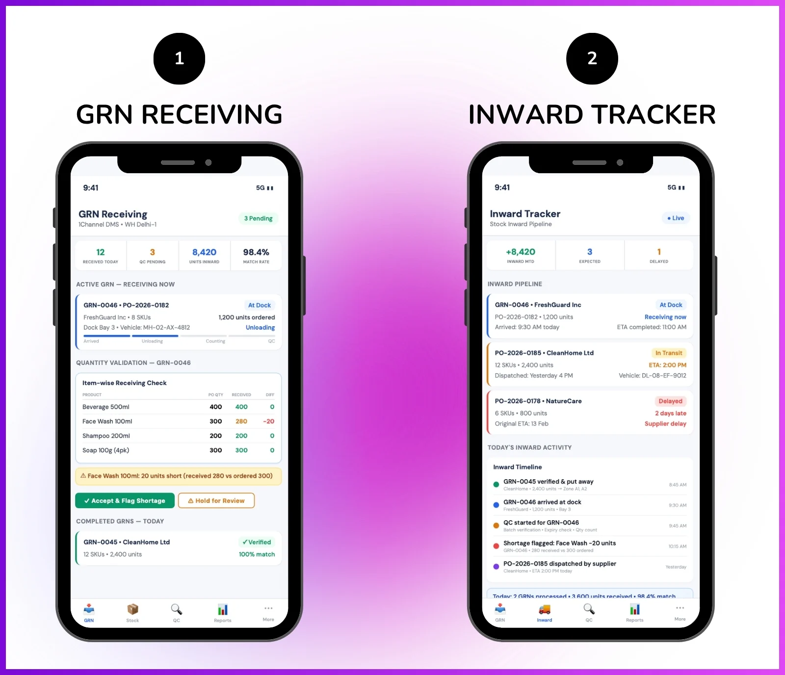 GRN management software mobile app showing stock receiving, quantity validation, and inward tracking
