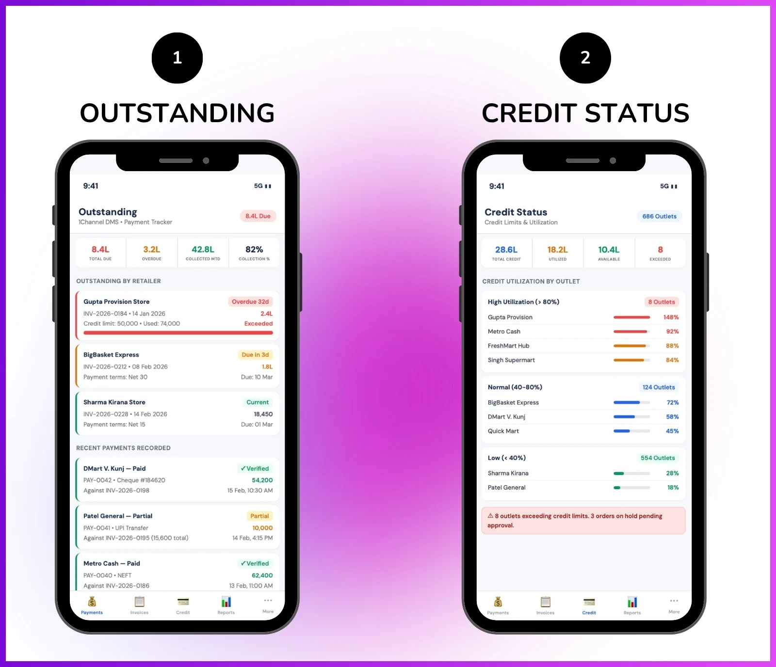 Payment management software mobile app showing outstanding balances, payment recording, and credit status