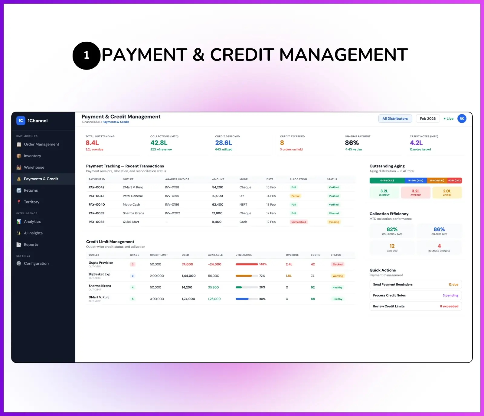 Admin dashboard showing payment tracking, credit limit management, and outstanding balance reports
