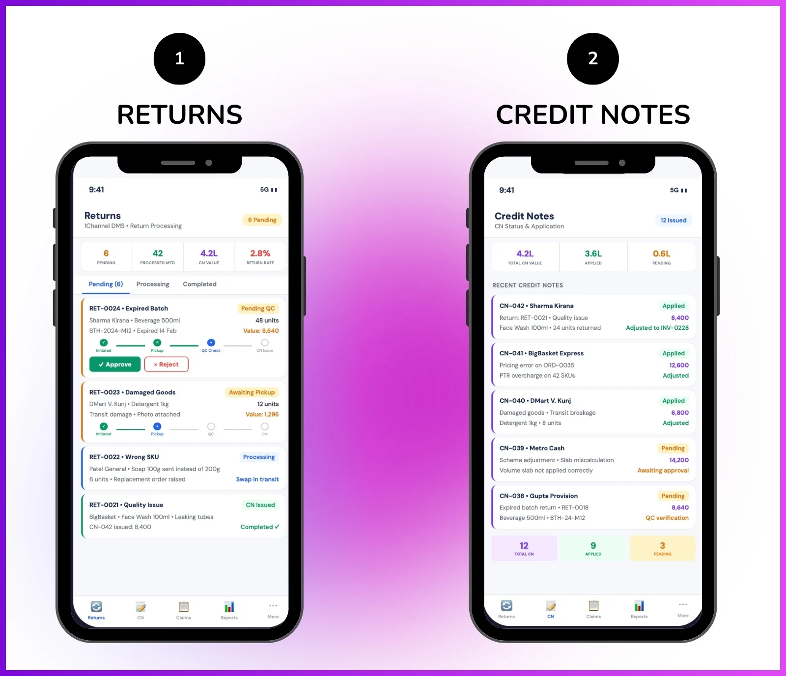Return management software mobile app showing return processing, credit note status, and pending approvals