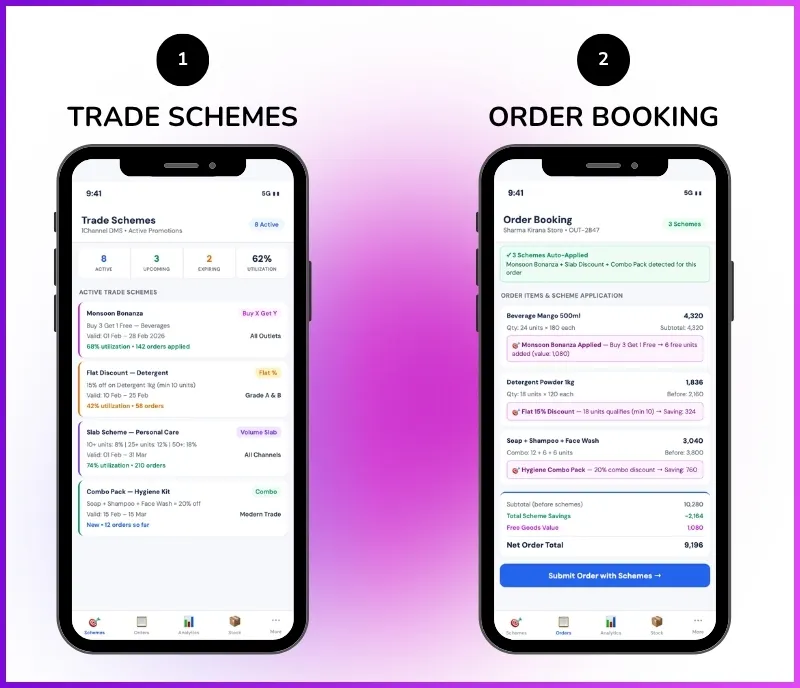 Trade promotion management mobile app showing scheme configuration, order booking, and scheme application status