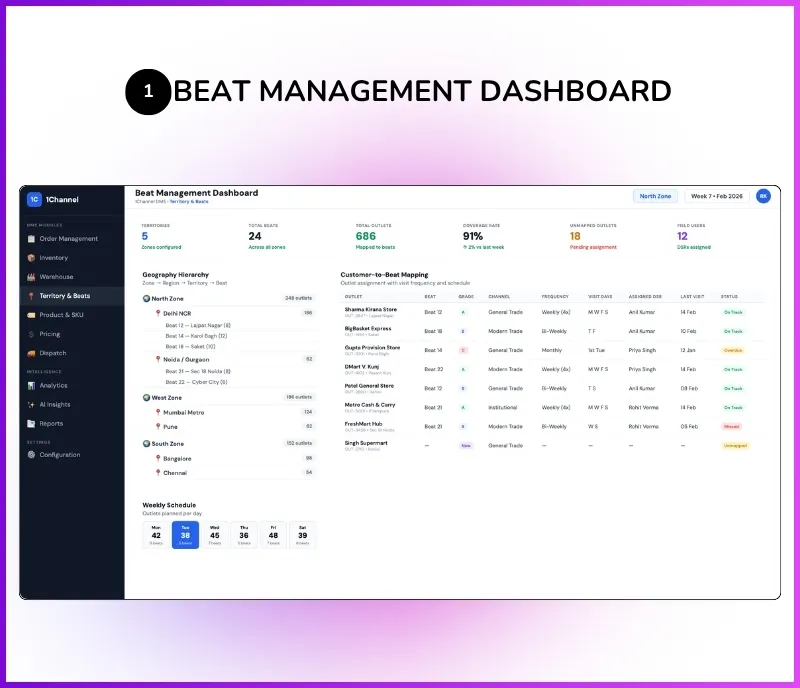 Beat management software dashboard showing geography hierarchy, customer mapping, and visit scheduling