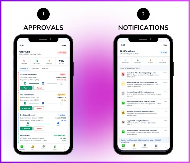 Workflow automation software mobile app showing pending approvals, notification triggers, and approval status