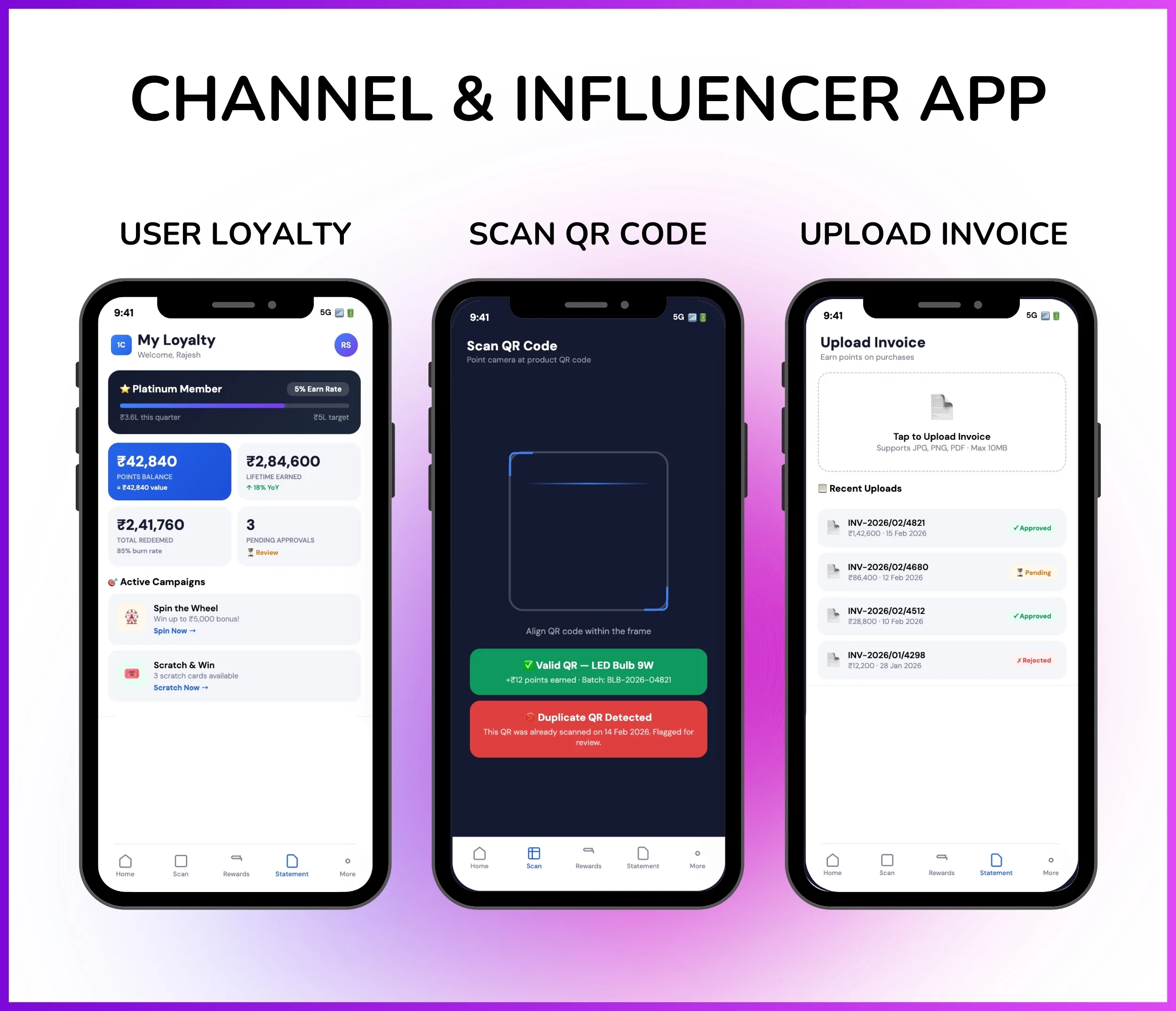 Channel influencer app with QR scan and invoice upload