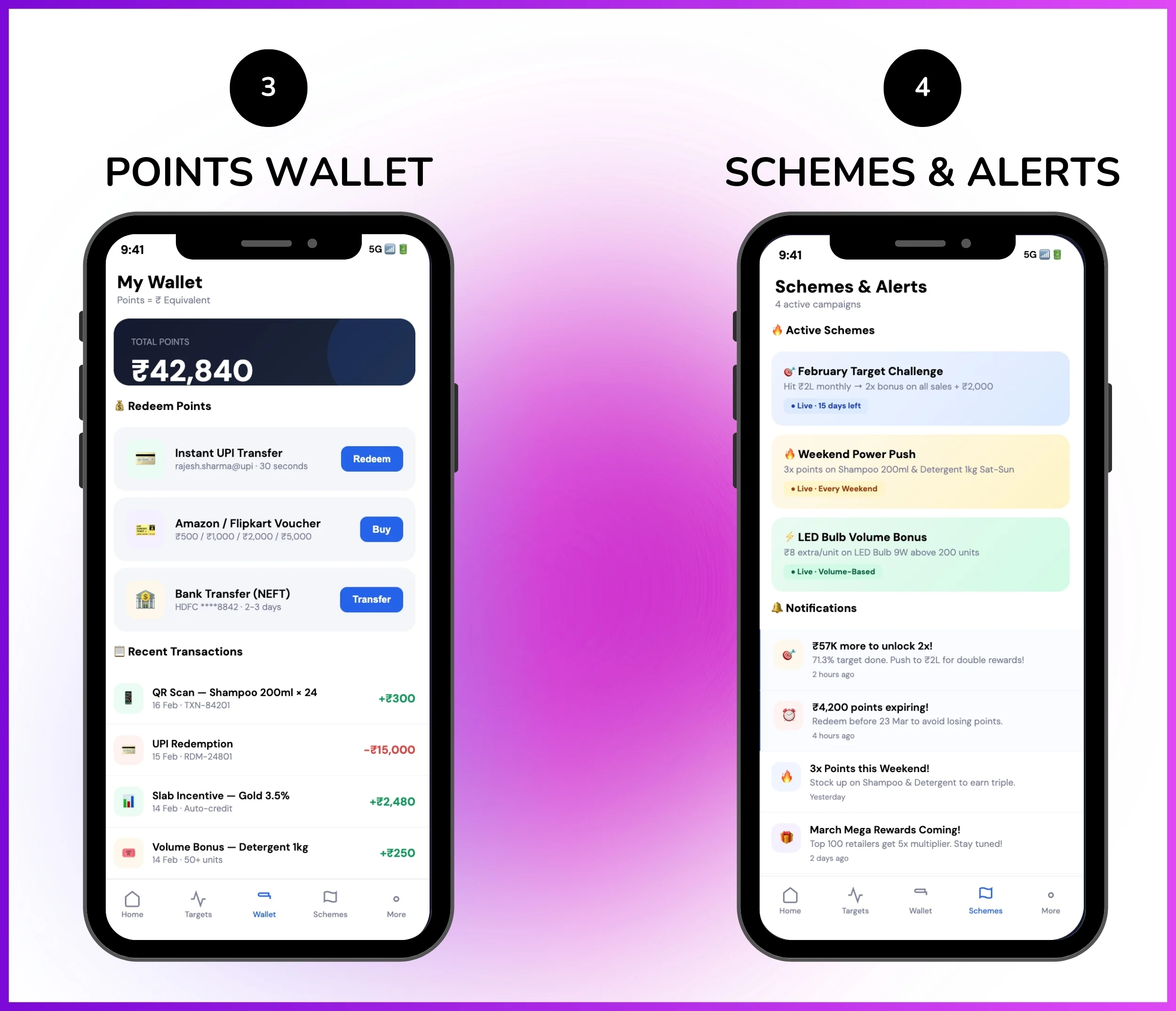 Points wallet, schemes, and alerts screen