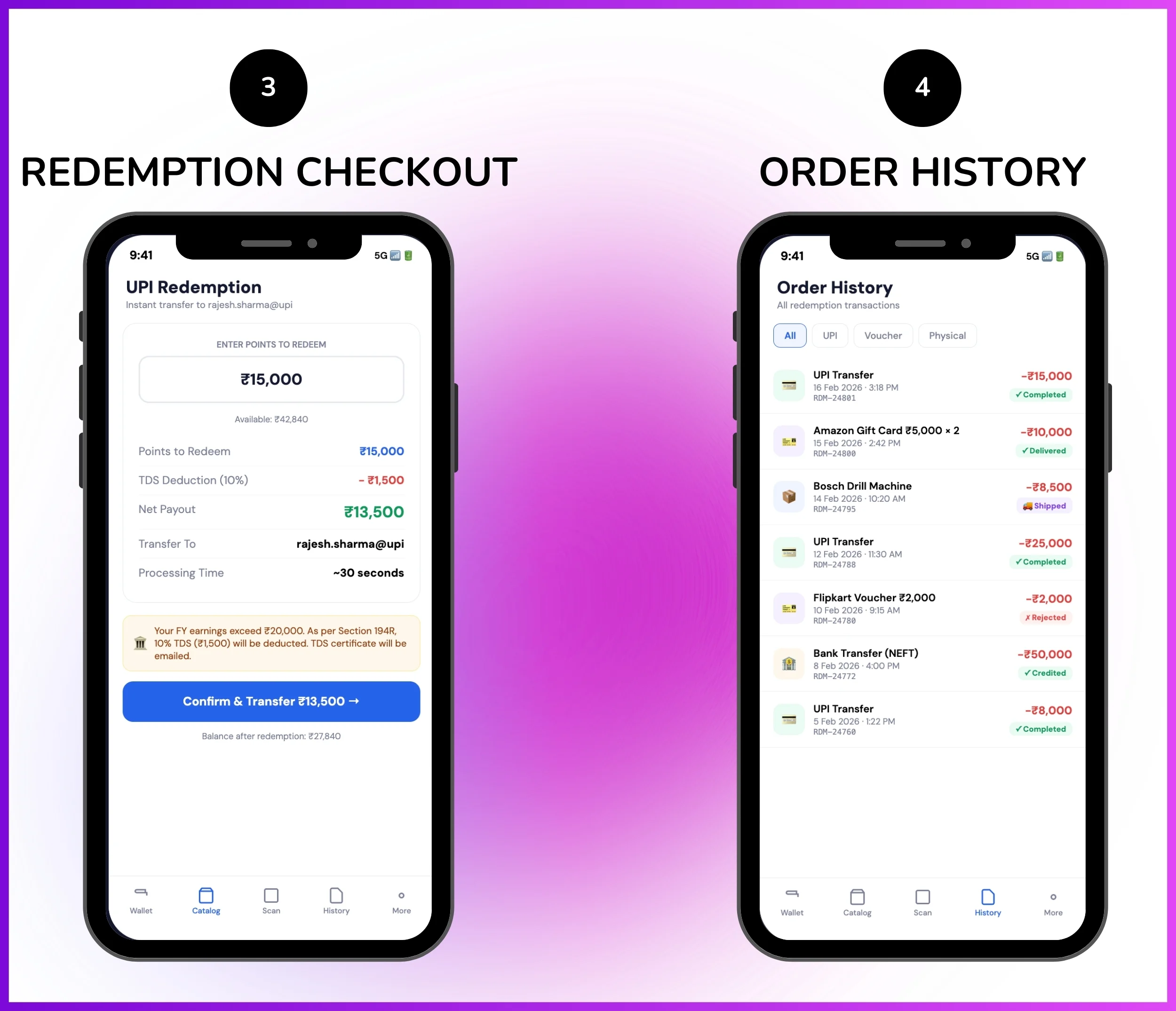 Redemption checkout and order history screen