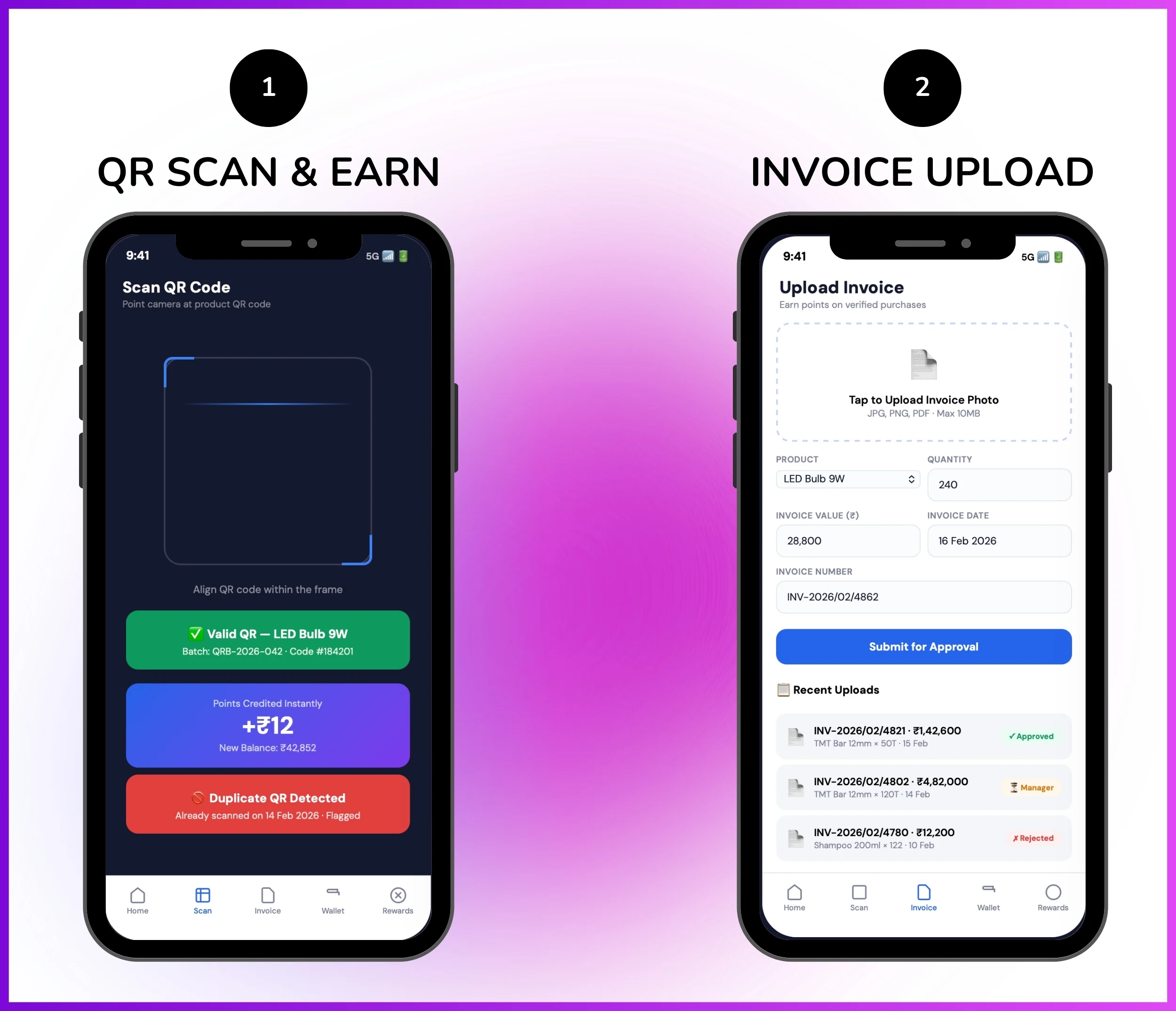 Mobile app QR scan, earn points, and invoice upload